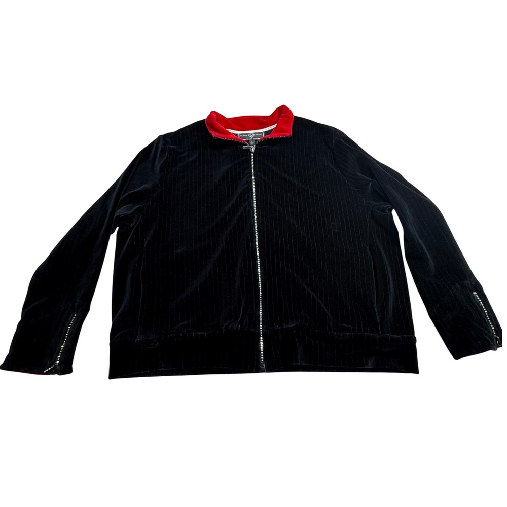 St John Sport Marie Gray Black Velvet Swarovski Crystal Zip Jacket L SKU104